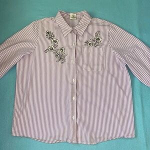 BLAIR floral embroidered pinstriped button up purple white short sleeve size L